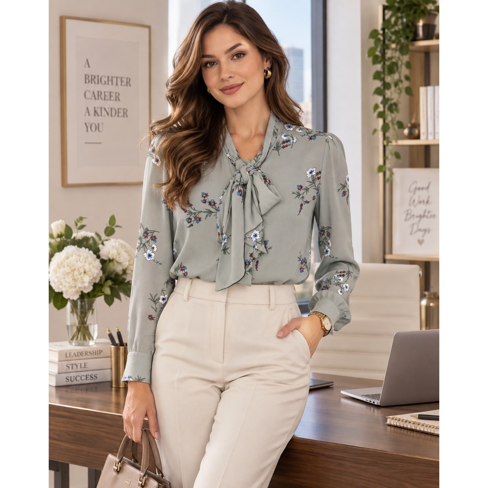 Ann Taylor Women Sage Green Floral Tie Neck Long Sleeve Button Front Blouse S